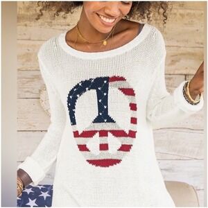 Wooden Ships‎ Rare American Flag Peace Sign White Crewneck Sweater S